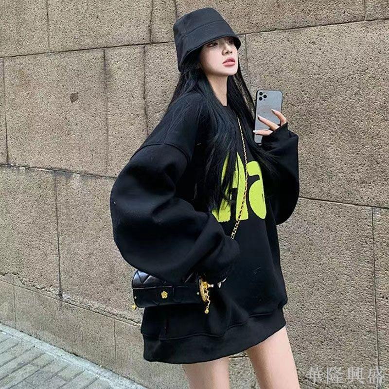 華隆 衛衣女秋冬學生潮ins春秋薄款oversize寬松慵懶風加絨上衣外套潮時尚女裝, 時尚T恤 衛衣