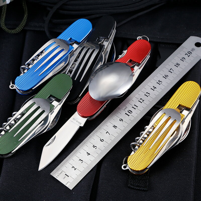 野營 餐具 ● 六開餐具多功能野營裝備工具叉勺子組合戶外 便攜式 可拆可折疊小刀