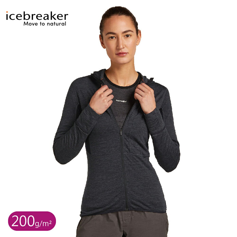 【Icebreaker 女 DESCENDER RealFleece刷毛保暖連帽外套《深灰/黑》】BA56YN/薄外套/運動夾克