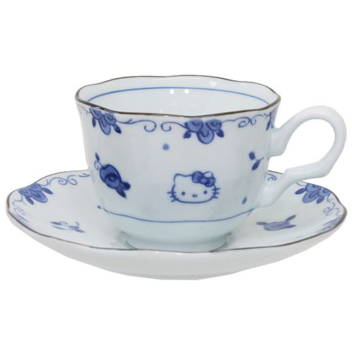 大賀屋 日本製 Hello Kitty 青花瓷 杯盤組 咖啡杯 茶杯組 附盤子 凱蒂貓 KT 三麗鷗 T00110019