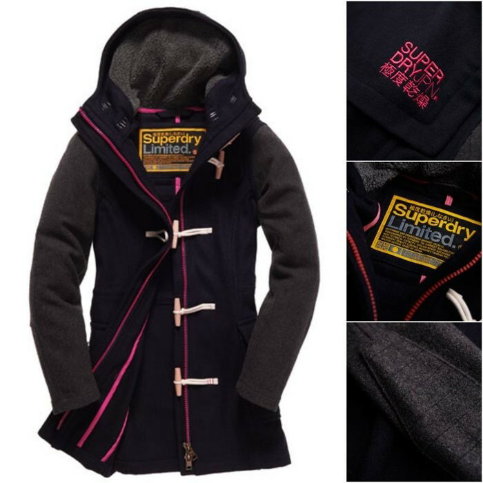 跩狗嚴選 極度乾燥 Superdry Detention Mix Duffle 羊毛大衣 長版 牛角扣 外套 深藍 拼色灰色 連帽