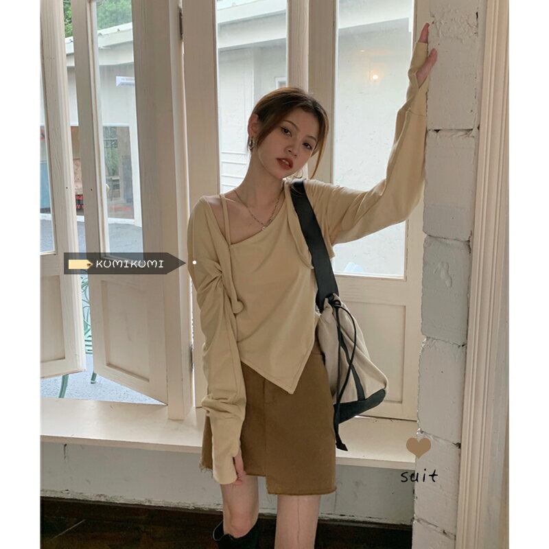 KUMI時尚兩件套女裝長袖開衫小外套夏季不規則露肩吊帶上衣套裝潮