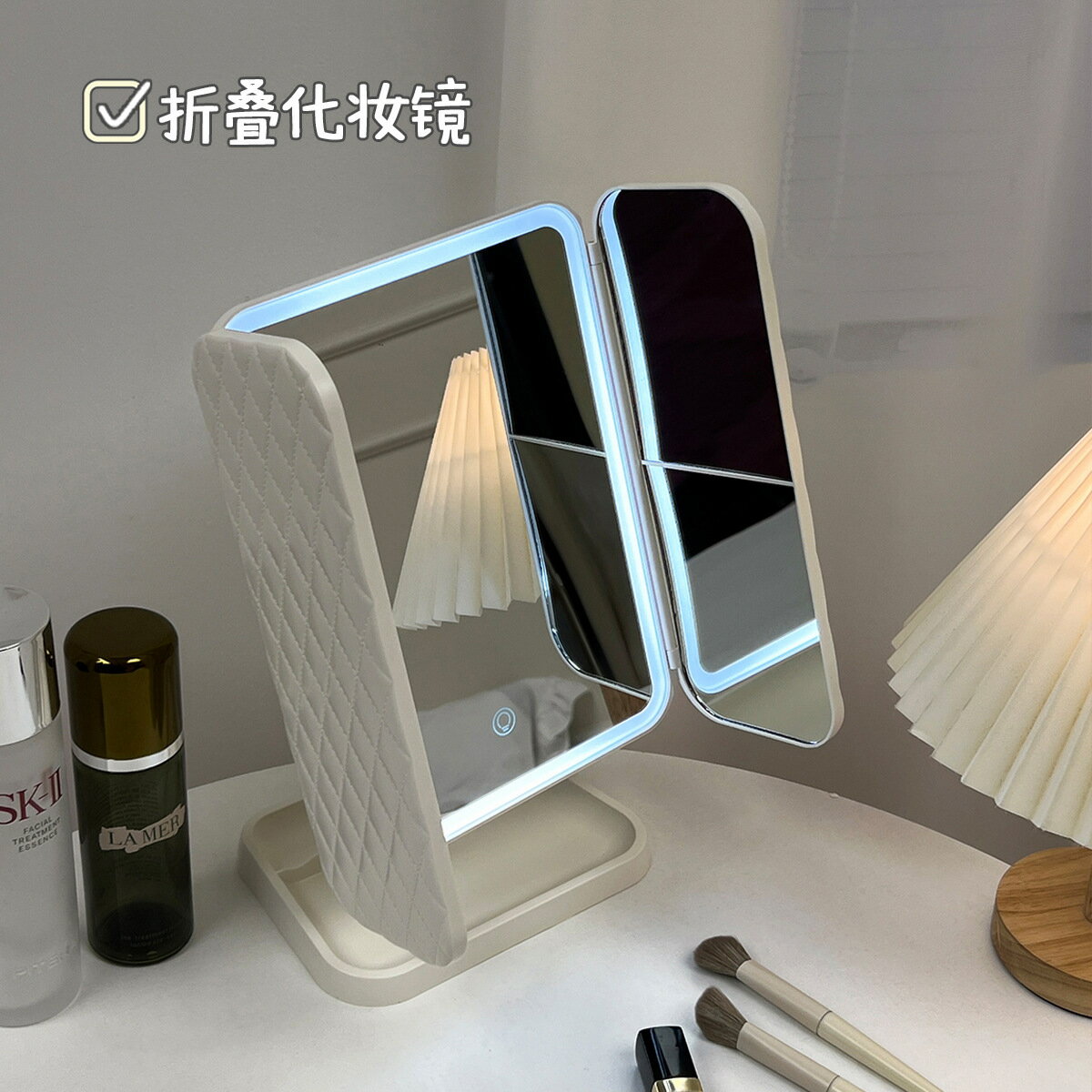 臺式旅游led化妝鏡帶燈收納盒二合一體式折疊貝殼可鏡子梳妝仙女