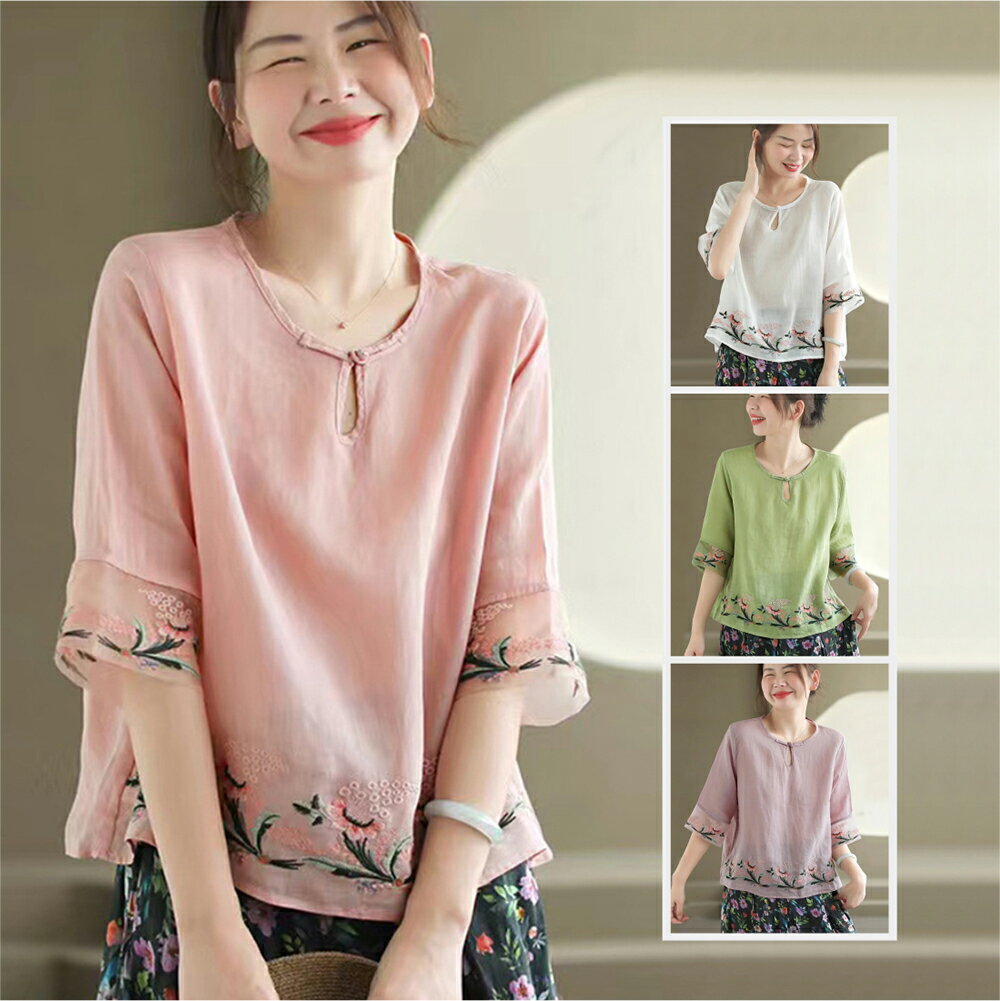 ＊ORead＊民族風刺繡棉麻盤扣上衣(4色M~2XL)【限定加碼✿全館滿額再折】