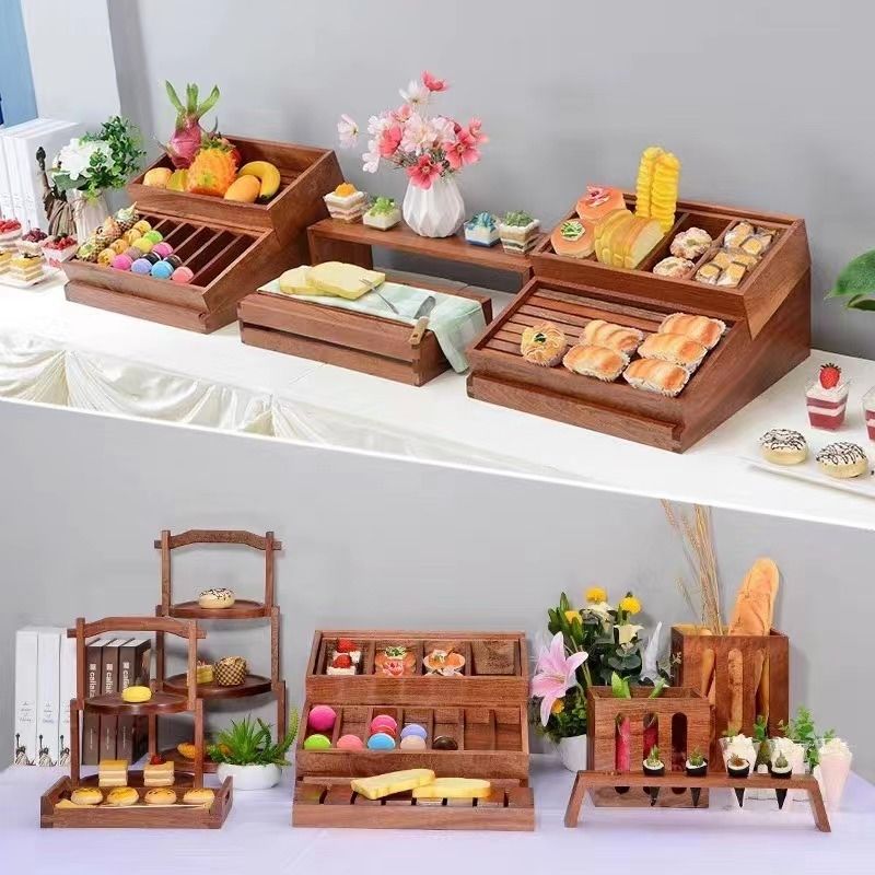 免運/開票 中式甜品臺擺件蛋糕點心展示架木質甜點糕點架子麵包託盤茶歇擺臺S083快速出貨