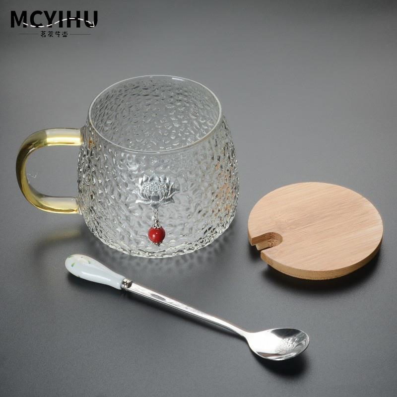 玻璃辦公室水杯女生花茶杯鑲梅花茶杯帶蓋帶手把杯子創意個性帶勺