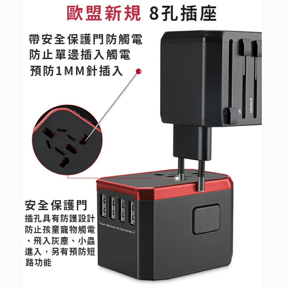 【旅行萬用轉接頭】萬用插頭 5.6A 快充 4USB孔 TYPE-C 全球通用 QC3.0 旅行萬用 送保護殼 延長2年保固 7