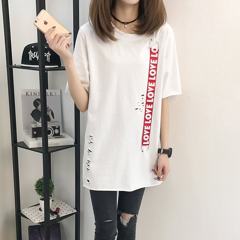FINDSENSE G5 韓國時尚 夏季 寬鬆 大尺碼 破洞 中長款 短袖 T恤