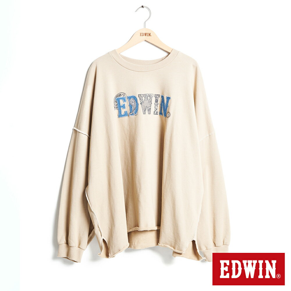 EDWIN 再生系列 CORE 環保丹寧變形蟲LOGO寬版不收邊厚長袖T恤-女款 淺卡其