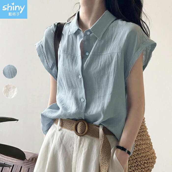知性隨意．素色文藝亞麻小飛袖襯衫上衣-shiny藍格子【V5140】