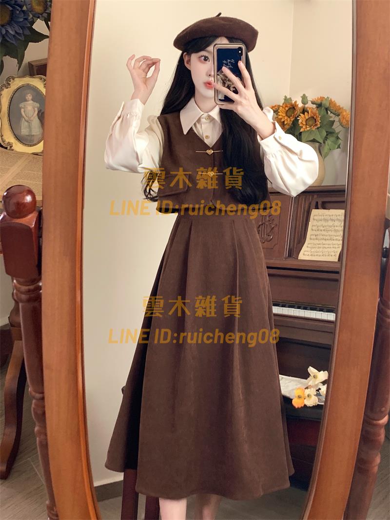大碼學院風假兩件燈芯絨長裙復古連衣裙 女秋冬法式胖mm顯瘦裙子【雲木雜貨】