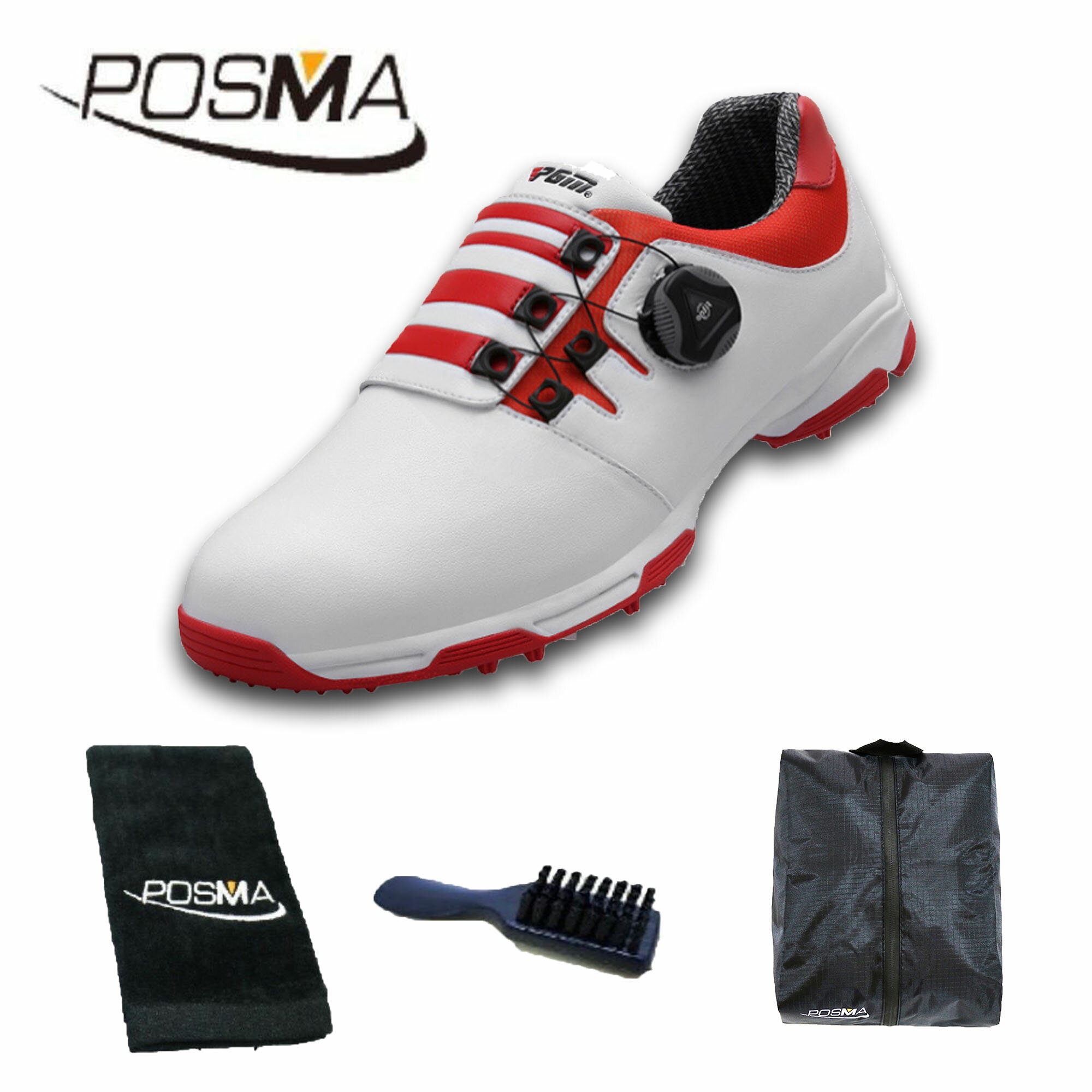 高爾夫球鞋 男士防水鞋子 pgm 旋轉鞋扣運動鞋 GSH093 白 紅 配POSMA鞋包 2合1清潔刷  高爾夫球毛巾