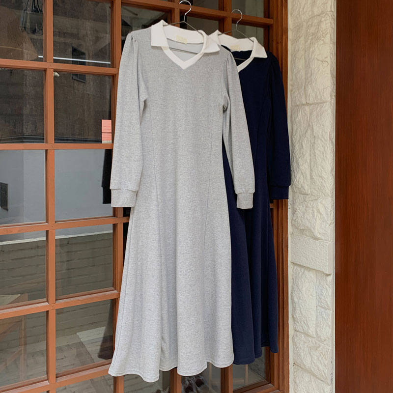 ANNAS 正韓 POLO領魚尾洋裝 顯腰身洋裝 長袖連身裙 長洋 長裙 長洋裝 襯衫 顯瘦 縮腰 文青 V領 韓國 1