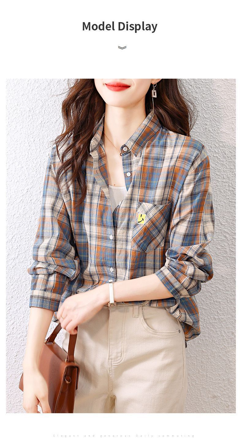 女裝 女上衣 衣服 寬鬆上衣 韓版襯衫 格子 棉質格子襯衫女長袖春裝新款韓版時尚設計感顯瘦襯衣女上 7