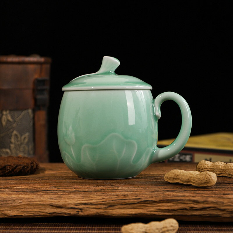 龍泉青瓷茶杯陶瓷水杯辦公室茶杯帶蓋綠子泡茶具禮品梅子青