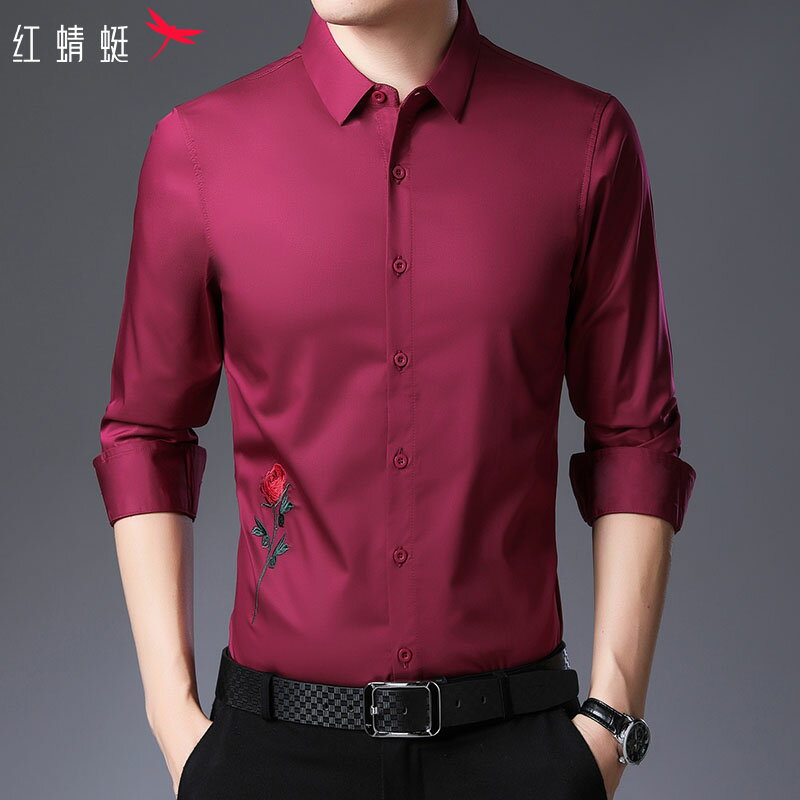 紅蜻蜓高端長袖襯衫男士紅色上衣服外套秋季潮流商務免燙襯衣男裝