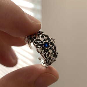 小寶s925純銀克克復古克萊因藍鋯石獨特戒指女小眾設計小眾高級感