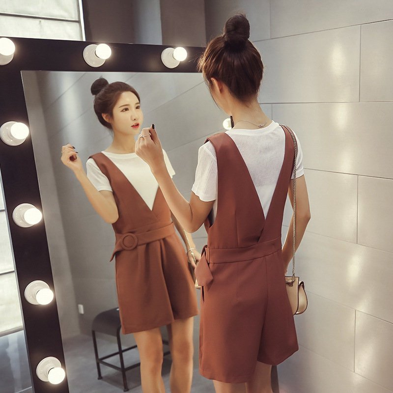 FINDSENSE G5 韓國時尚 短袖T恤+背帶褲 闊腿短褲 兩件套 套裝