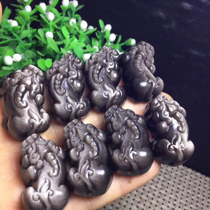天然銀曜石貔貅吊墜男女款情侶黑耀石小彎頭皮休手串項鏈diy 配件