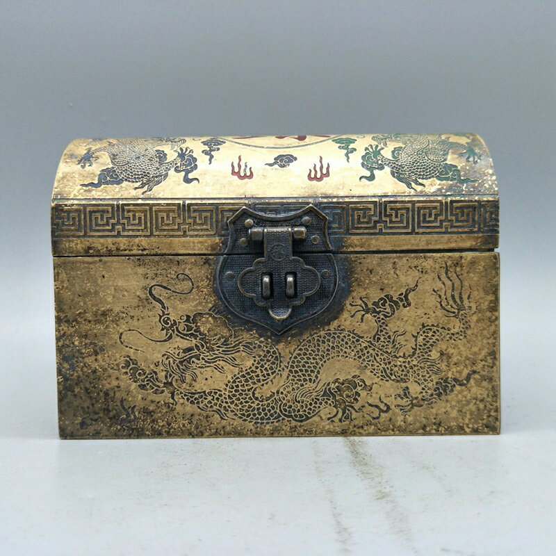 仿古民國古玩雜項收藏老物件復古清代插銷鎖純銅盒子鏢局箱
