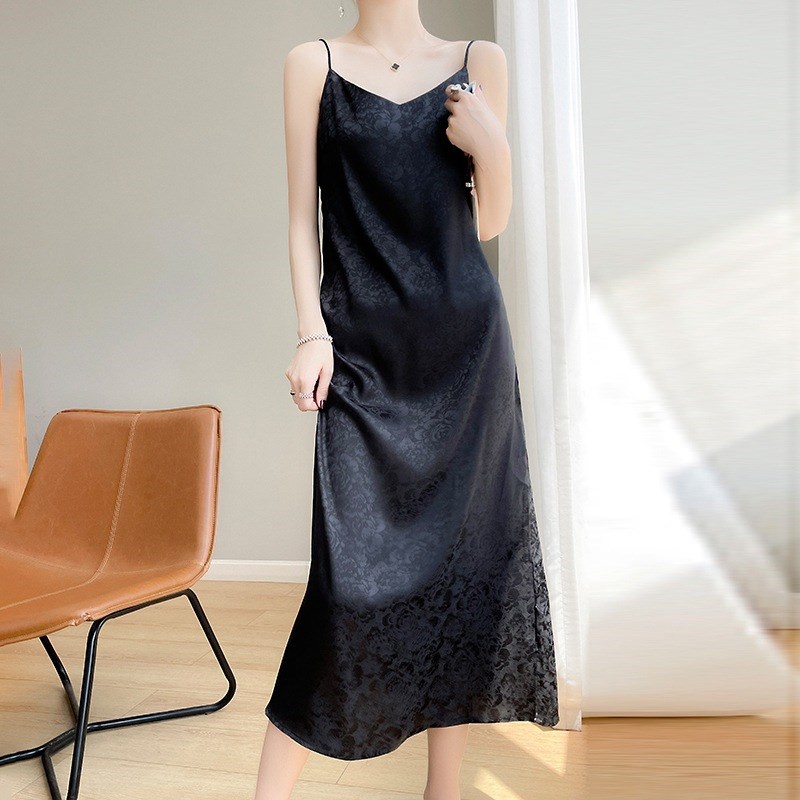 【巴黎 】真絲緞面洋裝蠶絲裙子名媛法式絲綢絲質氣質連身裙-提花寬鬆細肩帶女素色裙子3色a1ep47