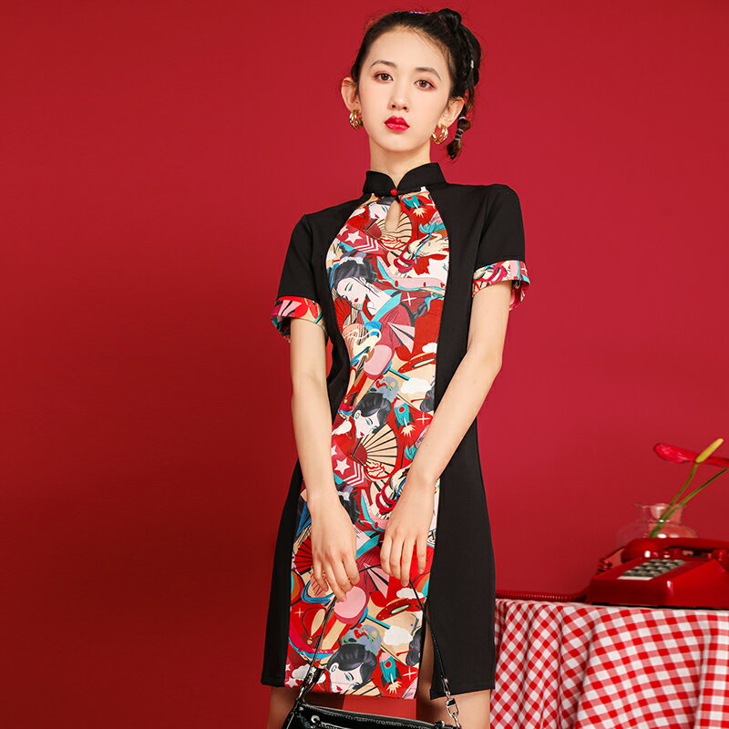 原創新式旗袍國潮中國風復古短款時尚年輕款少女改良版印花連衣裙