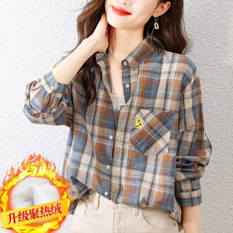 女裝 女上衣 衣服 寬鬆上衣 韓版襯衫 格子 棉質格子襯衫女長袖春裝新款韓版時尚設計感顯瘦襯衣女上 3