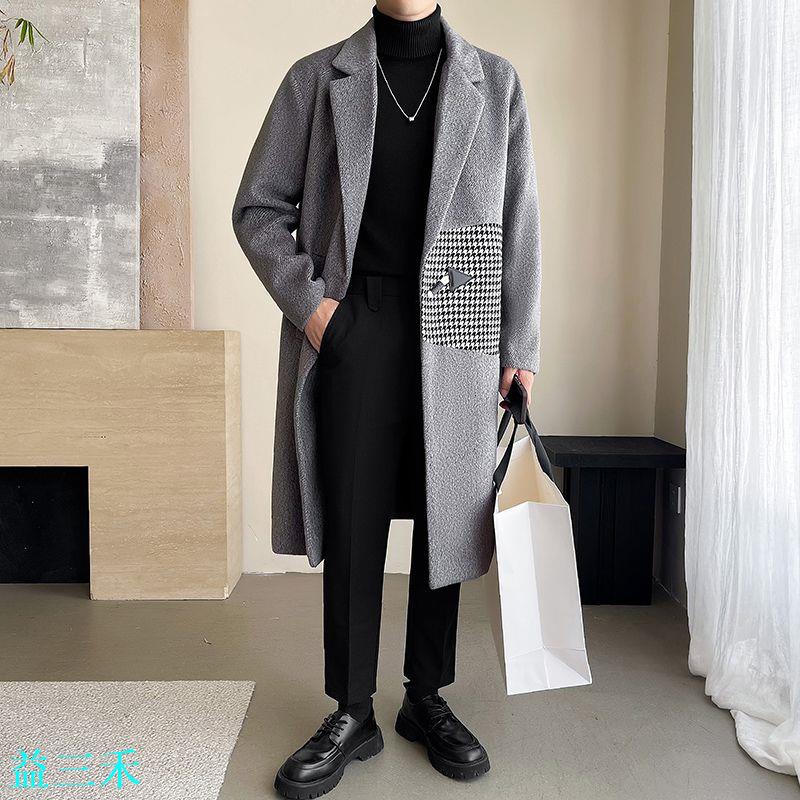 千鳥格拼色呢子風衣男中長款加厚潮牌高階感痞帥毛呢大衣秋冬外套-益三禾