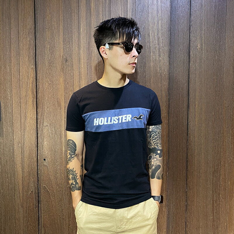 美國百分百【全新真品】Hollister Co. 短袖 T恤 HCO 上衣 logo T-shirt 黑色 CF07