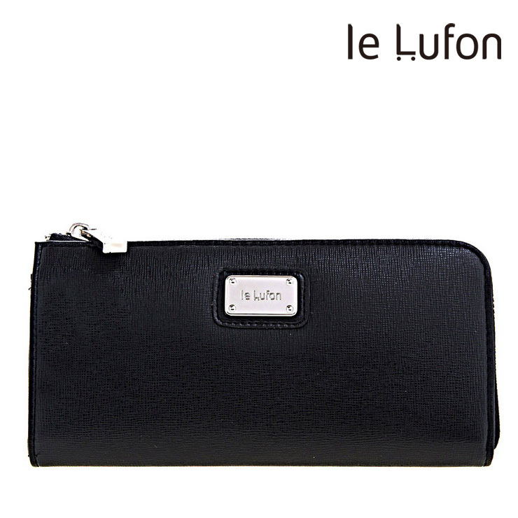 【le Lufon】黑色十字紋皮革金屬名牌點飾風琴式Ｌ型拉鍊長皮夾－長夾/零錢包/皮夾（黑色／寶藍色）