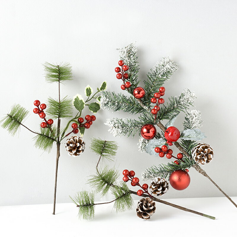 圣誕節小插飾圣誕裝飾插枝紅果松果松枝花松針插條圣誕樹裝飾用品