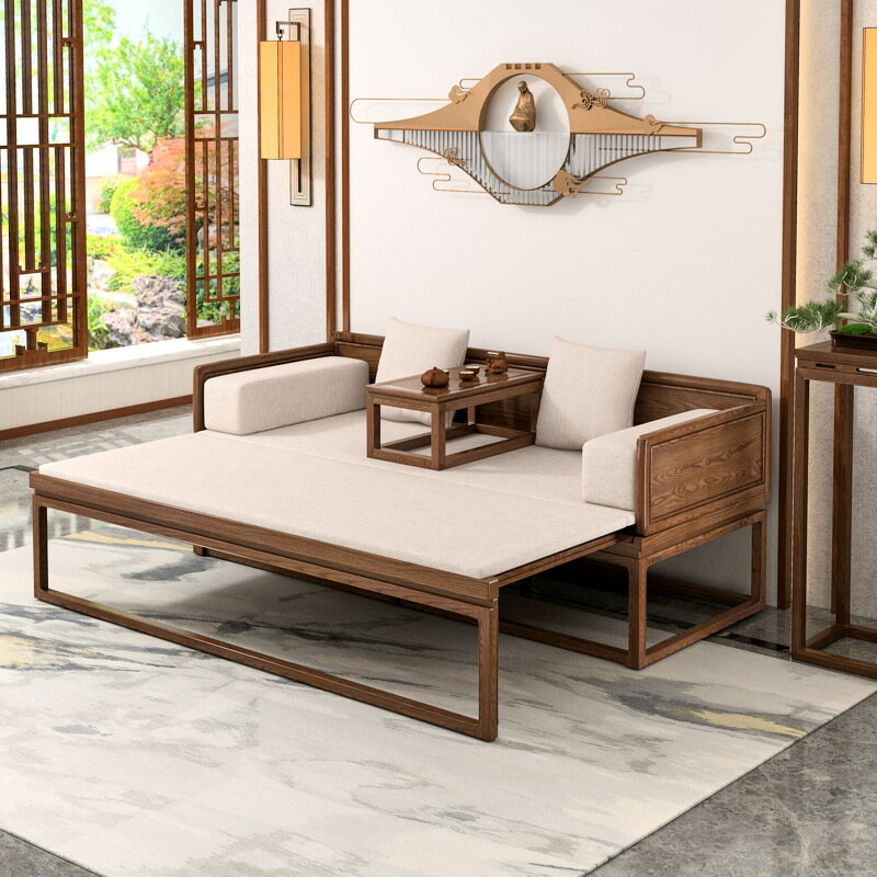 家具 新中式禪意羅漢床實木中式白蠟木推拉床客廳沙發實木床小戶型床榻