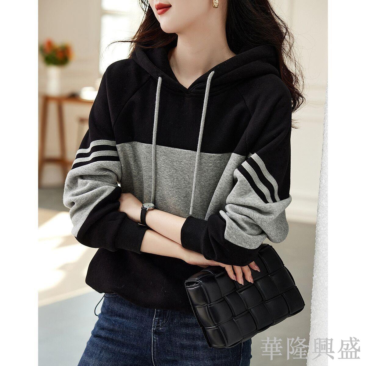 華隆 2024年春秋季新款連帽拼接衛衣女ins韓版慵懶風套頭休閑上衣服潮時尚女裝, 時尚T恤 衛衣