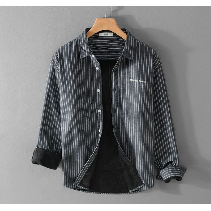 現貨+預購 襯衫長袖上衣-休閒條紋加厚加絨男裝2色74jt93【獨家進口】【米蘭精品】