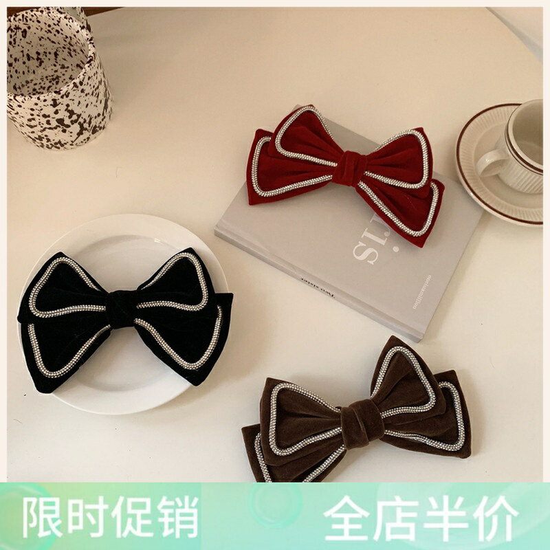 韓國高階感絲絨水鉆大蝴蝶結發夾秋冬氣質百搭馬尾夾網紅復古卡子