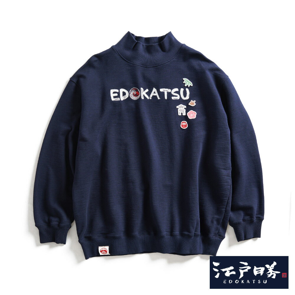 EDOKATSU江戶勝 經典和柄花紋刺繡貼布高領厚長袖T恤-女款 丈青色