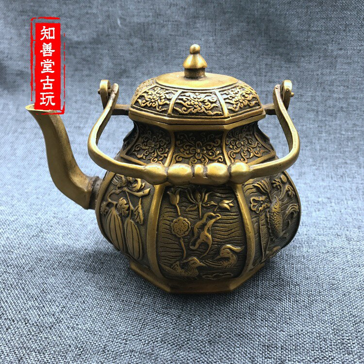 仿古特價 銅器純銅黃銅八寶壺茶壺擺件裝飾工藝禮品古玩收藏品