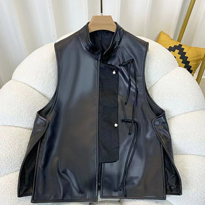 【巴黎精品】皮衣背心真皮夾克-羊皮新款顯瘦珍珠盤扣馬甲女外套黑色a1iw9