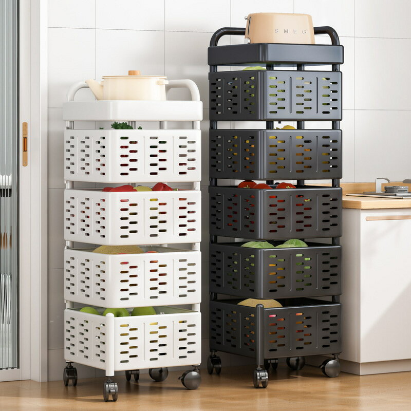 【品質保證】置物櫃 置物架 免安裝旋轉置物架廚房專用落地多層可移動蔬菜架家用菜籃子收納架