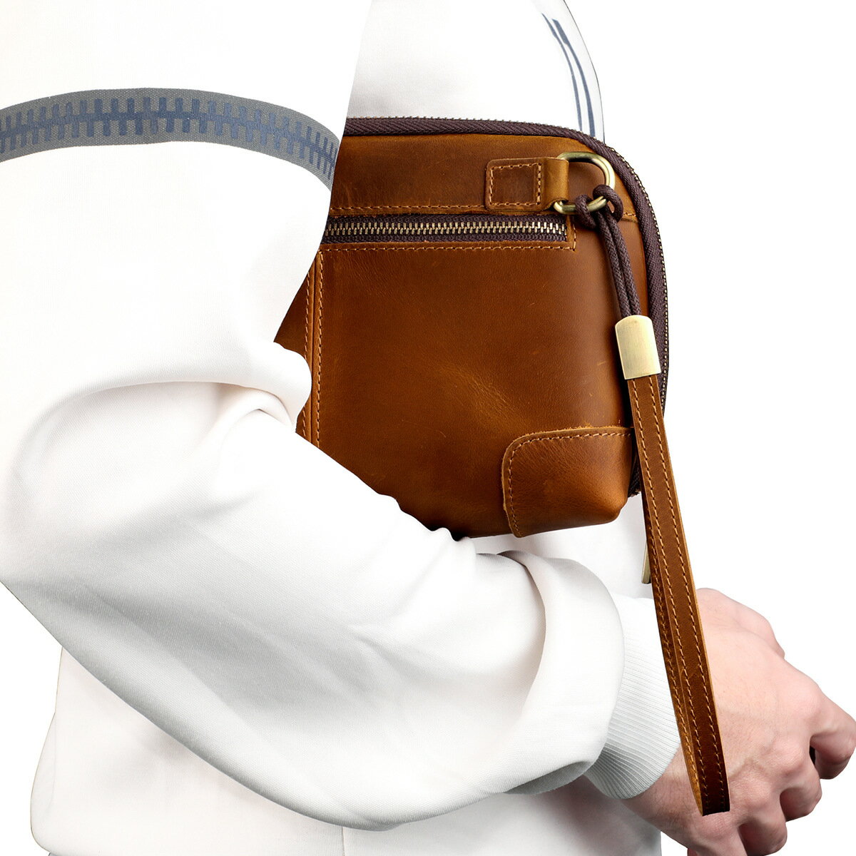 【喜挖】復古瘋馬皮男士手拿包 手機數據線藍牙耳機真皮收納包配有手腕帶