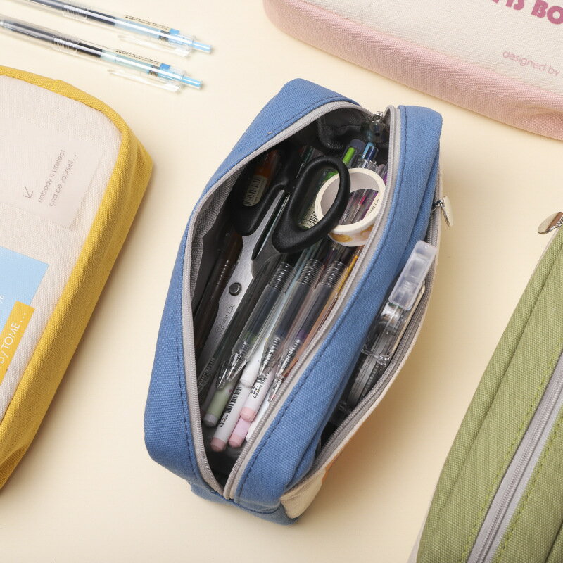 小學生日系風帆布筆袋初中生創意簡約拼接大容易雙層文具小收納袋 3