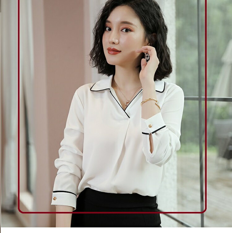 灰姑娘[8Q140-PF]撞色V領套頭輕鬆搭職場OL長袖襯衫上衣
