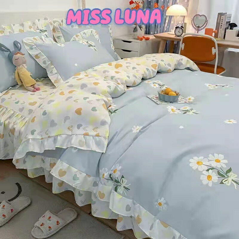 MISS LUNA 床包組 床裙款 單人床包 雙人床包 床包四件套 床包保潔墊網紅公主風蕾絲款素色少女心被套床上用品四件