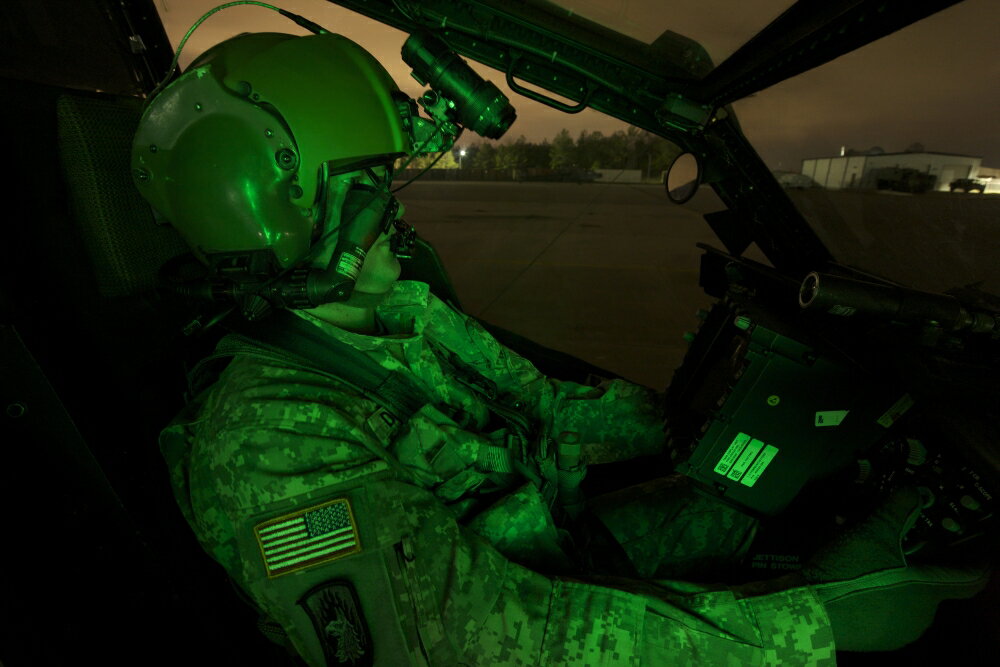 Pilots equipped with night vision goggles in the cockpit 
