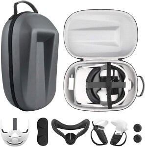 【日本代購】Esimen Oculus Quest 2 行李箱、精英肩帶、VR表面矽膠罩、手柄套、鎖扣蓋、拉鍊套、鏡頭保護罩、Quest 2配件的一體收納箱(灰色)