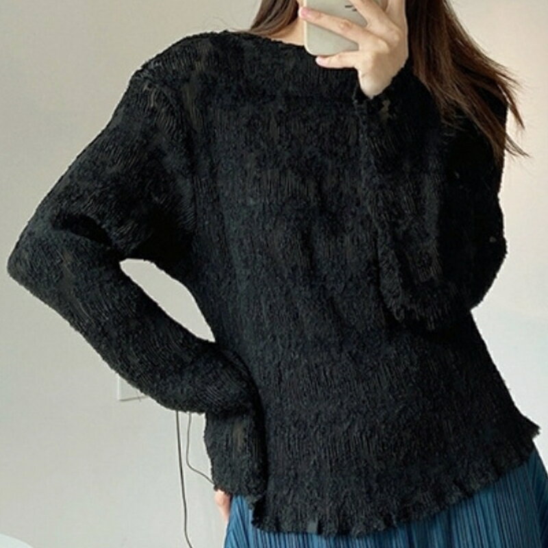 【巴黎精品】現貨+預購 三宅風皺褶衣服褶皺上衣-長袖摺衣壓褶春款寬鬆褶皺打底衫折衣女T恤2色a1jq31