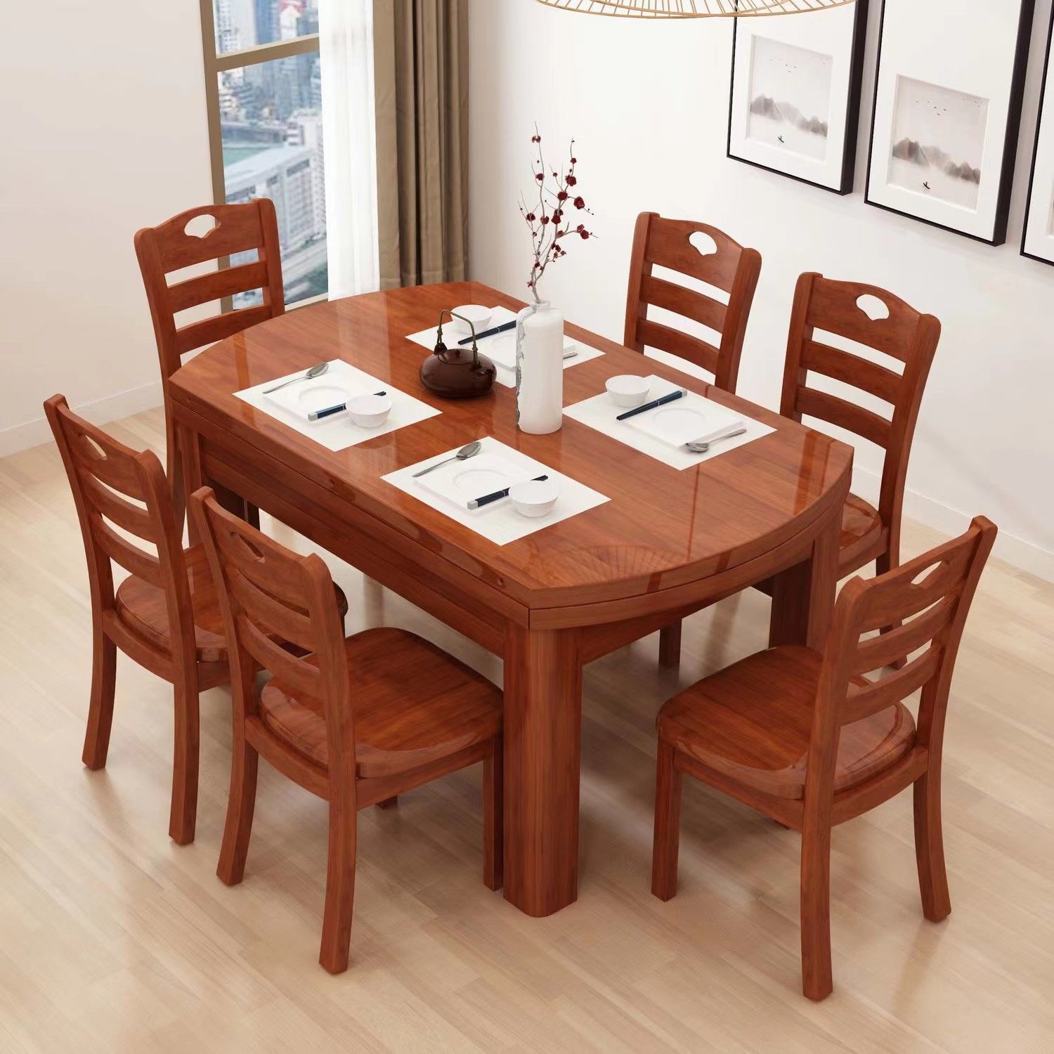 全實木餐桌椅組合餐桌家用伸縮折疊現代簡約吃飯桌小戶型可變圓桌