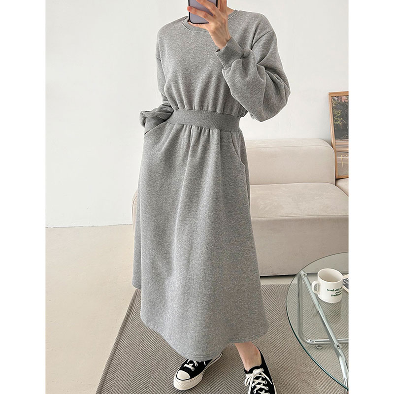 ANNAS 正韓縮腰口袋刷毛洋裝 腰身 縮腰 打折 長袖 長裙 長洋裝 連身裙 顯瘦 加厚棉 素面 保暖 加絨刷絨 韓國 6