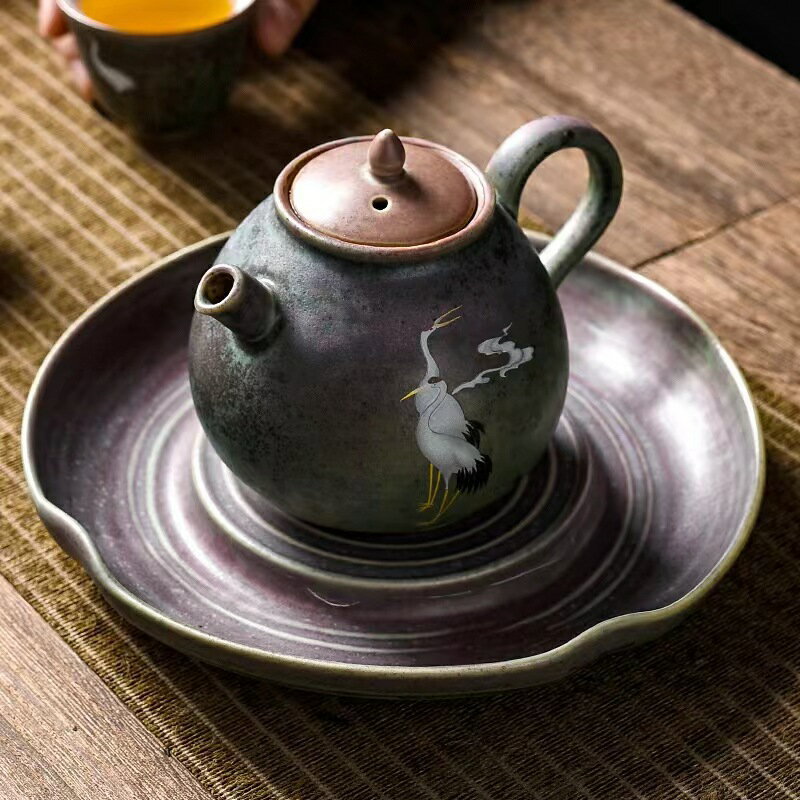 煥彩窯變雲鶴茶壺手工陶瓷泡茶壺單壺中式家用復古功夫茶具提樑壺