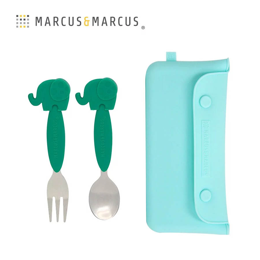 【加拿大 Marcus & Marcus】兒童餐袋 + 不鏽鋼叉匙組 (湖水綠)
